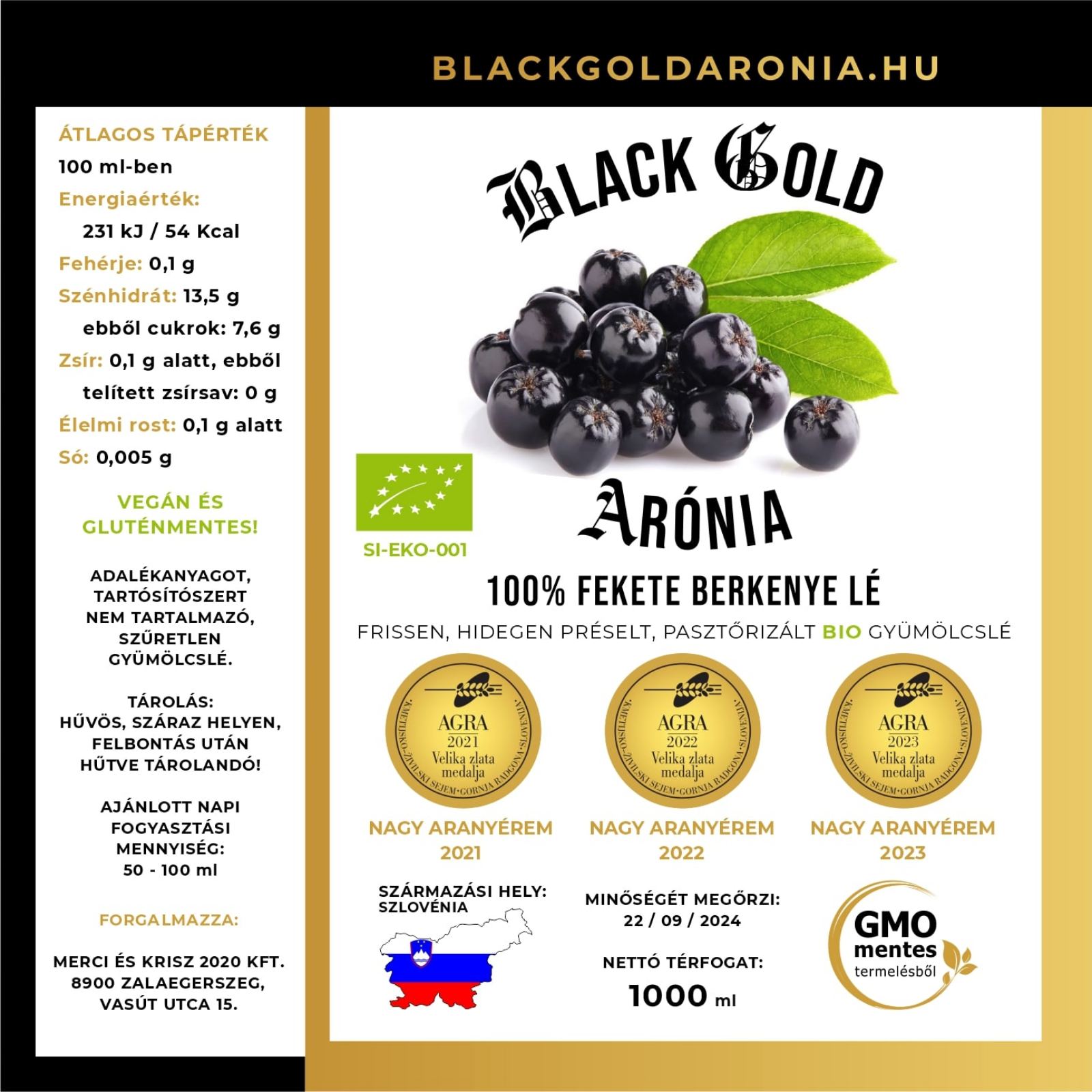 Black Gold Aronia termékcímke Nagyaranyérem díjakkal